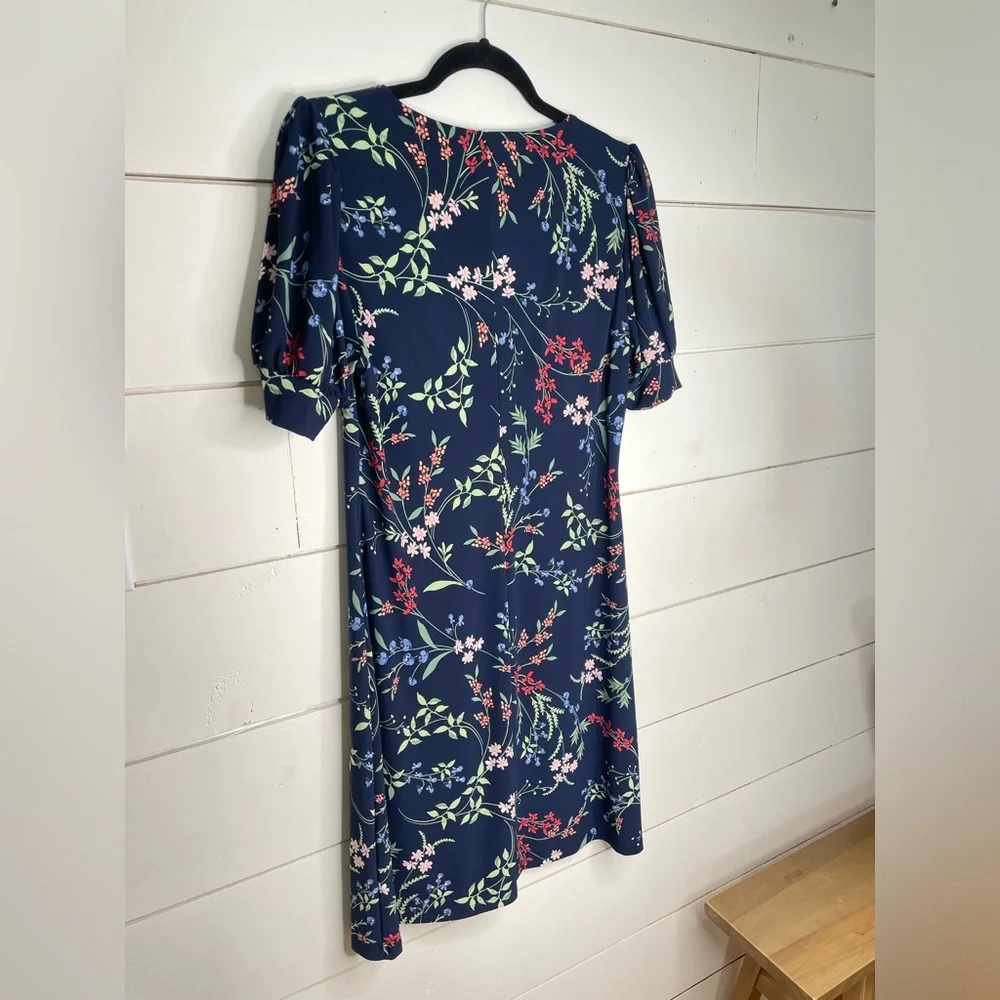 Tommy Hilfiger A-Line Dress 10 NWT Navy Blue Dark Floral Stretch Puff Sleeve - Picture 9 of 9